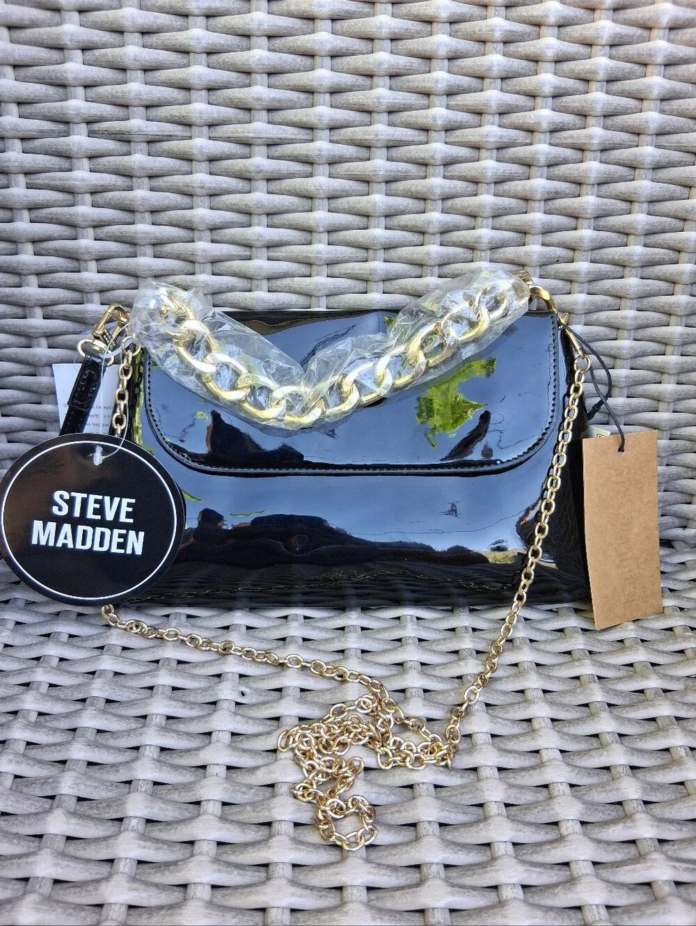 Steve Madden Black Patent Shoulder Bag with Gold Chain Accent